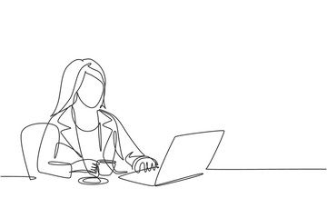 Single continuous line drawing of young businesswoman typing business ideas draft on laptop while holding a cup coffee at office. Drinking tea concept one line draw graphic vector design illustration