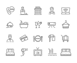 Large collection of black and white hotel icons for phone, wi-fi, TV, room service, porter, reception, pool, restaurant and accommodation accessories, vector design elements