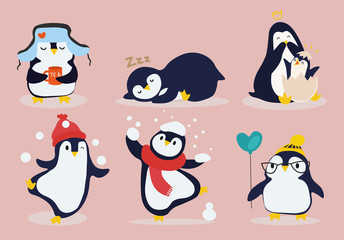 Set of six cute funny cartoon penguins celebrating, sleeping, drinking tea and celebrating for kids, colored vector illustration