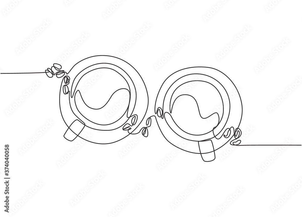 Poster single continuous line drawing of two cups of coffee with coffee beans and leaf from top view. coffe