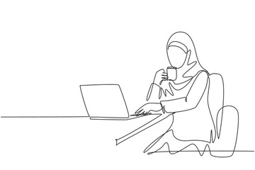 Fototapeta na wymiar One continuous line drawing of young muslimah businesswomen reading business presentation on laptop screen. Saudi Arabian female with hijab and veil concept. Single line draw design illustration
