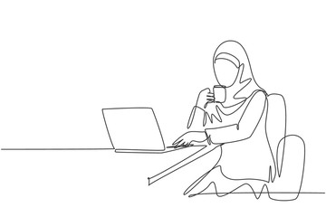 One continuous line drawing of young muslimah businesswomen reading business presentation on laptop screen. Saudi Arabian female with hijab and veil concept. Single line draw design illustration