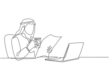 One single line drawing of young muslim businessman reading news on newspaper and internet while take an office break. Islamic clothing shemag, kandura, scarf. Continuous line draw design illustration