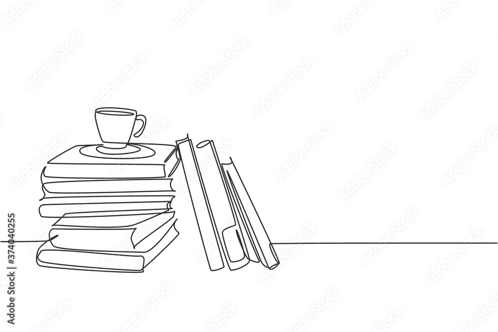 Poster one continuous line drawing of pile of books and a cup of coffee on office desk. work space table wi