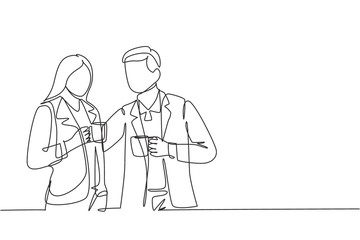 One single line drawing of young male and female office workers pose together while holding a cup of coffee. Work office life concept. Continuous line draw design vector illustration