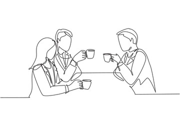 One continuous line drawing of young businessman and businesswoman doing business meeting at restaurant while holding a cup of coffee. Business talk concept. Single line draw design illustration