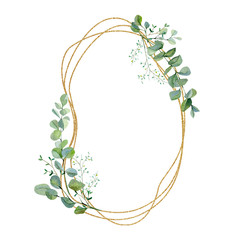 Watercolor frame with eucalyptus greenery leaves on golden frame. Green floral baby nursery decor, greenery baby shower, wedding card, greenery invintation card.