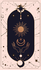 moon and sun tarot cards, Hands set in simple flat esoteric boho style. background - template design for poster, banner, social media post. - obrazy, fototapety, plakaty