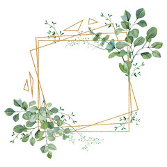 Watercolor frame with green floral, eucalyptus greenery leaves on golden frame. Baby nursery decor, greenery baby shower, wedding card, greenery invintation card. - 374040262