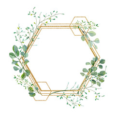 Watercolor green floral frame bridal shower with eucalyptus leaves and branches on golden frame. Baby nursery decor, greenery baby shower, wedding card, greenery invintation card.