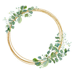 Watercolor wreath green floral with eucalyptus greenery leaves on golden frame. Baby nursery decor, greenery baby shower, wedding card, greenery invintation card . - 374040288