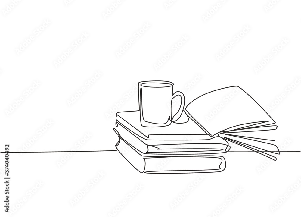 Poster single continuous line drawing of stack of books with a mug of coffee above on library desk. busines