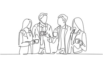 Fototapeta na wymiar One single line drawing of young male and female office employees discussion together while office break time. Business talk concept. Continuous line draw design vector graphic illustration