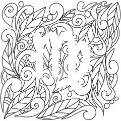 coloring page using negative space, silhouette of the zodiac sign virgo, doodle patterns of leaves and curls, vector outline illustration