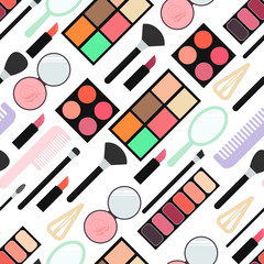 Makeup. Seamless pattern. Makeup kit. Lipstick, eye shadow, blush, lip print, kisses, swatch. Flat vector illustration isolated on white background.