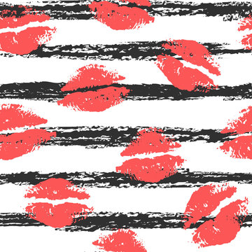 Beautiful red lips on a background of black stripes. Seamless pattern. Lip print. Kisses. Freehand drawing. Flat vector illustration isolated on white background. © iuvmiro