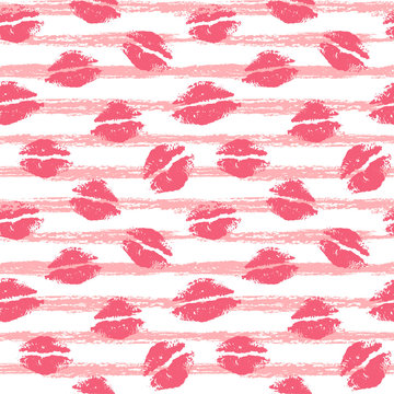 Beautiful Pink Lips On A Background Of Light Pink Stripes. Seamless Pattern. Lip Print. Kisses. Freehand Drawing. Flat Vector Illustration Isolated On White Background.