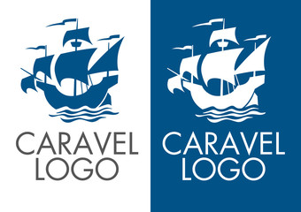 Caravel logo. Silhouette of an old sailing ship. Symbol for identity