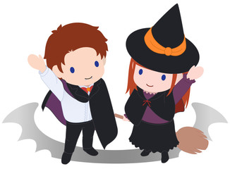 可愛い吸血鬼と魔女　手を振る　俯瞰　タイプB