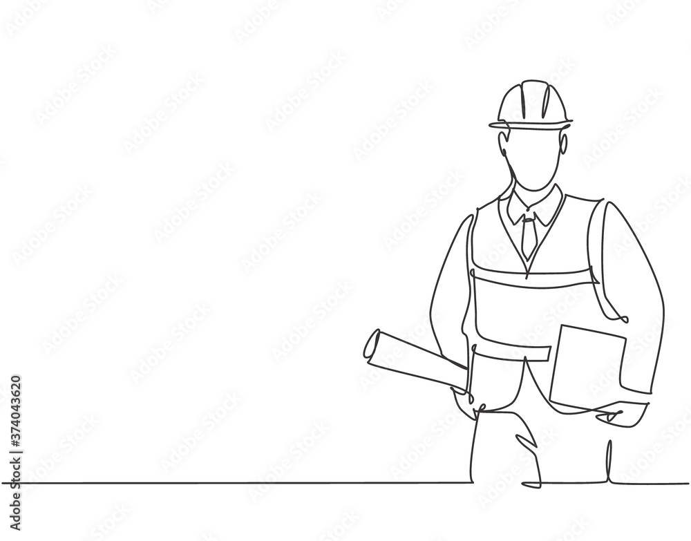 Poster one single line drawing of young architect holding draft blueprint design roll paper and a clipboard