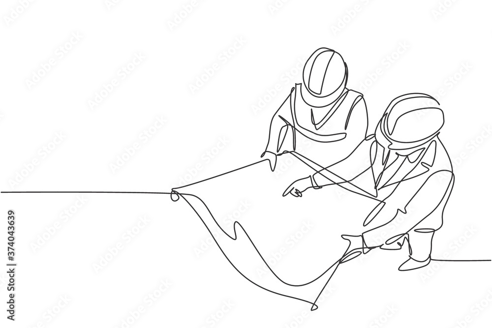Aufkleber single continuous line drawing of young company manager do quality control to sketch draft blueprint