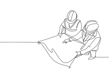 Fototapeta Single continuous line drawing of young company manager do quality control to sketch draft blueprint design. Building architecture business concept. One line draw vector graphic design illustration obraz