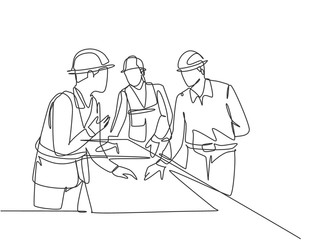 Fototapeta na wymiar One continuous line drawing of young architects discussing construction design blueprint at office meeting. Building architecture business concept. Single line draw vector graphic design illustration