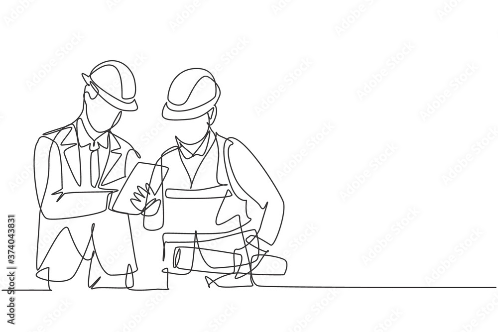Aufkleber one single line drawing of young construction manager do short brief to builder coordinator. buildin