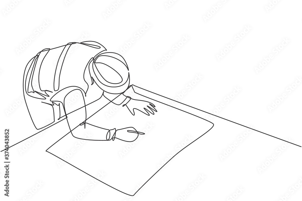Aufkleber single continuous line drawing of young architect draw sketch draft construction design on drawing t