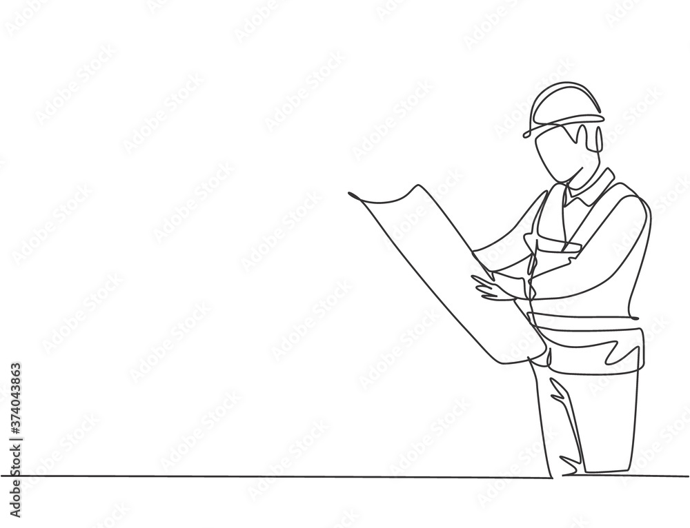 Poster single continuous line drawing of young attractive architect checking sketch building architecture b