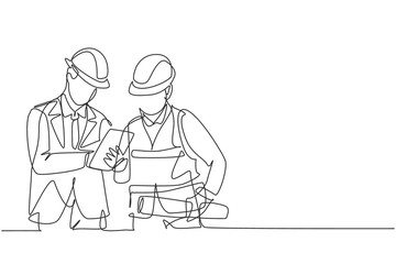 One single line drawing of young construction manager do short brief to builder coordinator. Building architecture business concept. Continuous line draw design vector graphic illustration