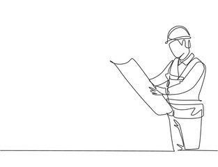 Single continuous line drawing of young attractive architect checking sketch building architecture blueprint. House maintenance service concept one line draw design vector graphic illustration