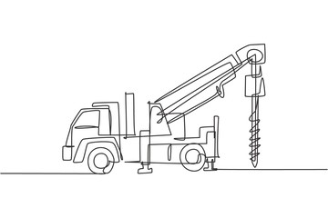 Single continuous line drawing of vehicle driller for drilling soil earth work. Heavy construction machines equipment concept. Trendy one line draw design vector graphic illustration