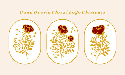 Vector feminine logo design templates in trendy linear minimal style. Peony flowers and botanical leaf branch. Symbols and icons for cosmetics, jewellery, beauty and handmade products