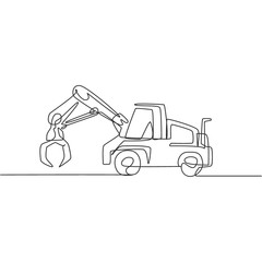 Fototapeta na wymiar Single continuous line drawing of metal excavator for digging land, commercial vehicle. Heavy construction machines equipment concept. Trendy one line graphic draw design vector illustration