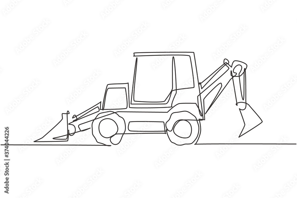 Poster one continuous line drawing of bulldozer for digging soil and leveling the road. heavy backhoe const