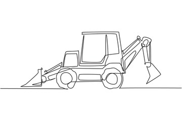 Fototapeta na wymiar One continuous line drawing of bulldozer for digging soil and leveling the road. Heavy backhoe construction trucks equipment concept. Dynamic single line draw design graphic vector illustration