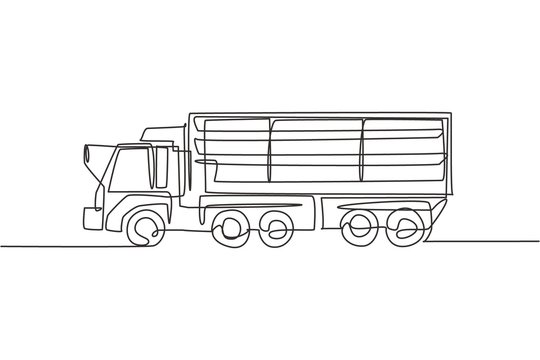 One single line drawing of long truck trailer vector illustration. Business commercial vehicles. Heavy machines vehicles for logistic delivery concept. Modern continuous line graphic draw design