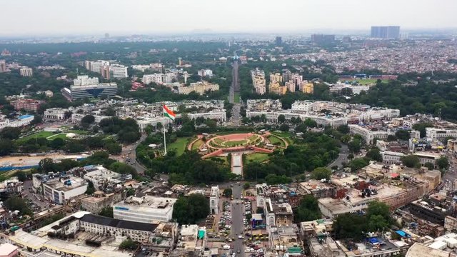 A Hyperlapse Aerial shot of traffic and Connaught Place in New Delhi, India
