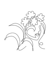 One single line drawing beauty abstract face with natural flowers vector illustration. Woman portrait minimalistic style concept for wall art decor print. Modern continuous line draw graphic design