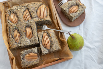 sweet home made poppy seed pie with fresh pears