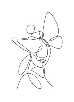 Single continuous line drawing beauty woman with butterfly artwork. Botanical, fashion, t-shirt print. Portrait minimalistic style concept. Trendy one line draw design vector graphic illustration