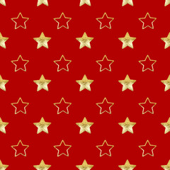 Seamless pattern of golden stars on red background isolated, decorative shiny gold stars repeating ornament, bright glittering Сhristmas starry decoration backdrop, New Year wallpaper, holiday texture