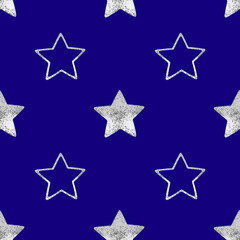 Seamless pattern of silver stars on blue background isolated, decorative shiny stars repeating ornament, bright glittering Сhristmas starry decoration backdrop, New Year wallpaper, holiday texture