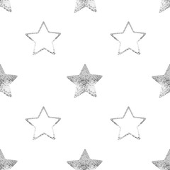 Seamless pattern silver stars white background isolated, decorative shiny silver stars repeating ornament, bright glittering Сhristmas starry decoration backdrop, New Year wallpaper, holiday texture