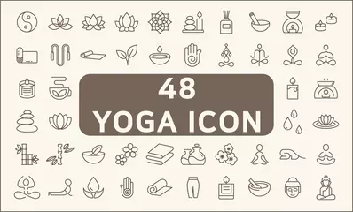 Poster Set of 48 yoga and spa icons line style. It contains such Icons as wellness, pose, beauty, peace, therapy and other elements. customize color, stroke width control , easy resize. © yoojin