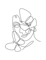 One continuous line drawing sexy woman abstract face with butterfly wings logo. Female portrait minimalist style concept. Cosmetic icon. Dynamic single line draw design graphic vector illustration