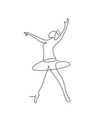 One continuous line drawing woman beauty ballet dancer in elegance motion. Sexy girl ballerina performs art dance concept. Wall decor print. Dynamic single line draw design vector graphic illustration