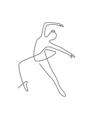 One single line drawing sexy woman beauty ballerina vector illustration. Pretty ballet dancer shows dance motion concept. Minimalist wall decor poster print. Modern continuous line graphic draw design