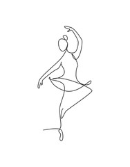 One single line drawing sexy woman beauty ballerina vector illustration. Pretty ballet dancer shows dance motion concept. Minimalist wall decor poster print. Modern continuous line graphic draw design
